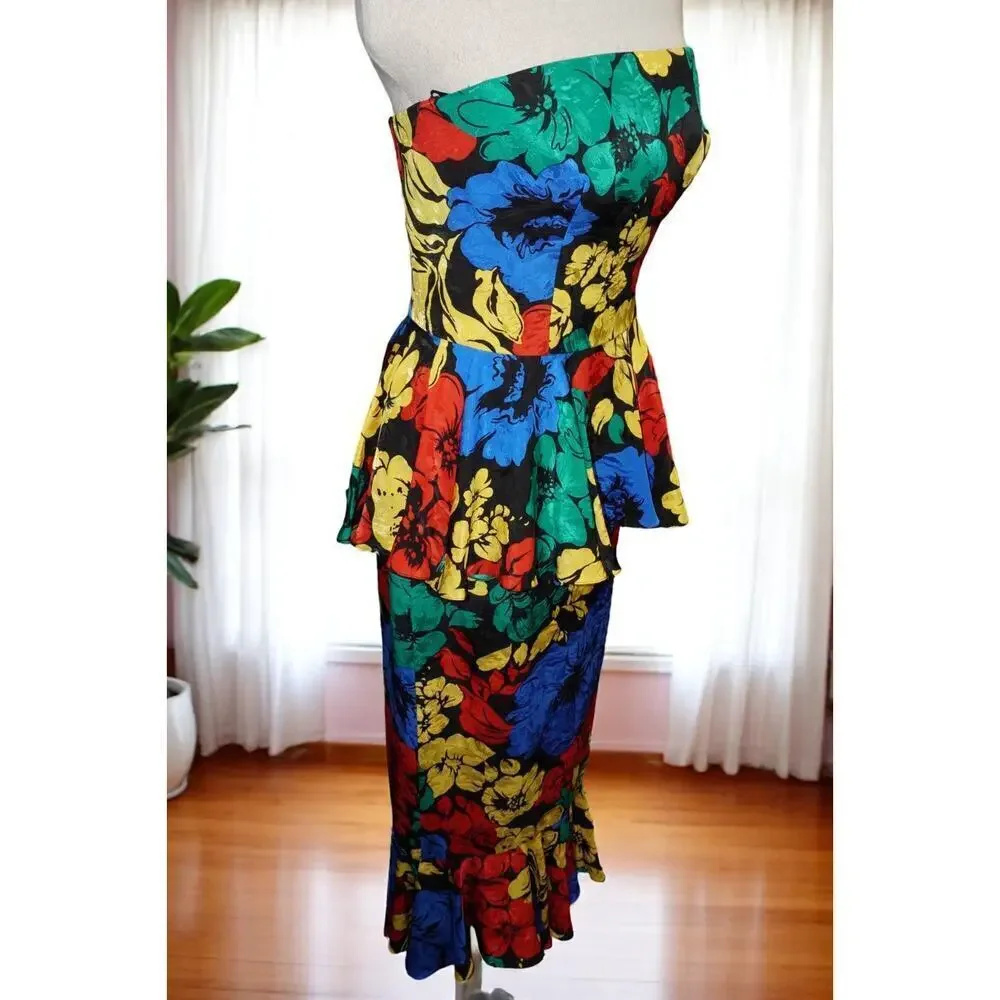 Vintage Mr. Blackwell 100% Silk Strapless Peplum Wiggle Dress – Multicolor Flora - Picture 3 of 10